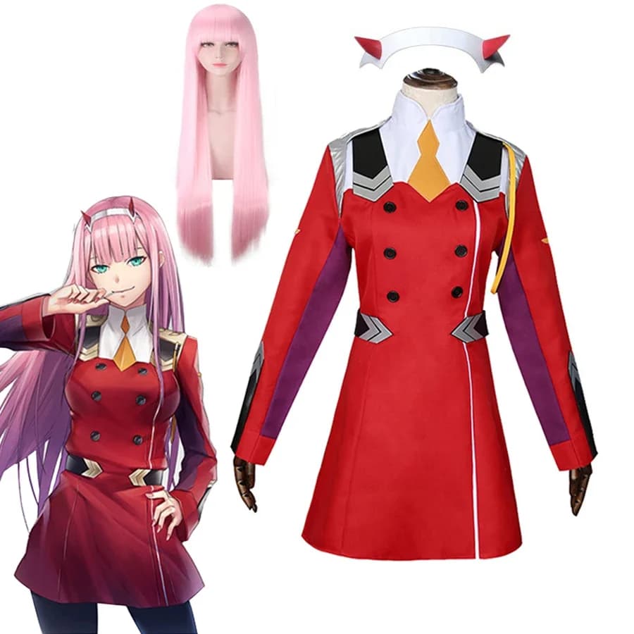 CosplayZero Due Costumi Cosplay Anime DARLING in the FRANXX Zero Two 02 Abito Uniforme Abiti Copricapi Parrucca Donna Halloween Costum