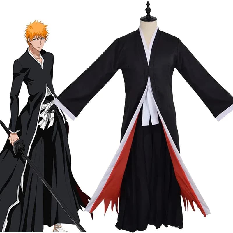 Anime Bleach Cosplay Kurosaki Ichigo Costume Nero Mantello Pantaloni Kimono Giapponese Uniforme Set Carnevale Halloween Party Suit Con Parrucca
