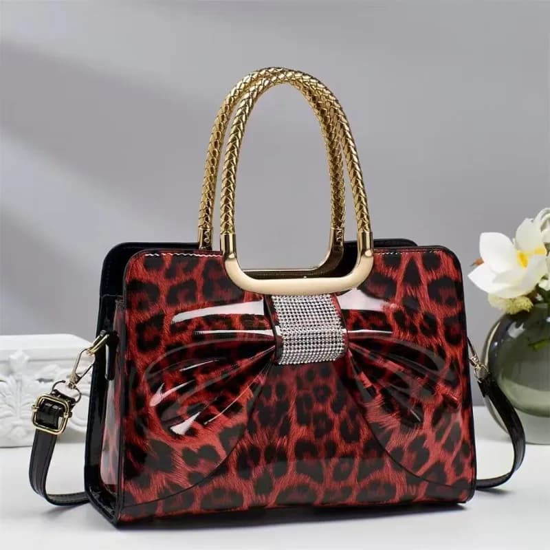 Women Luxury Designer Glossy Leather Evening Handbags Ladies Leopard Print Crossbody Shoulder Bag Fashion Diamond Bow Totes Bag