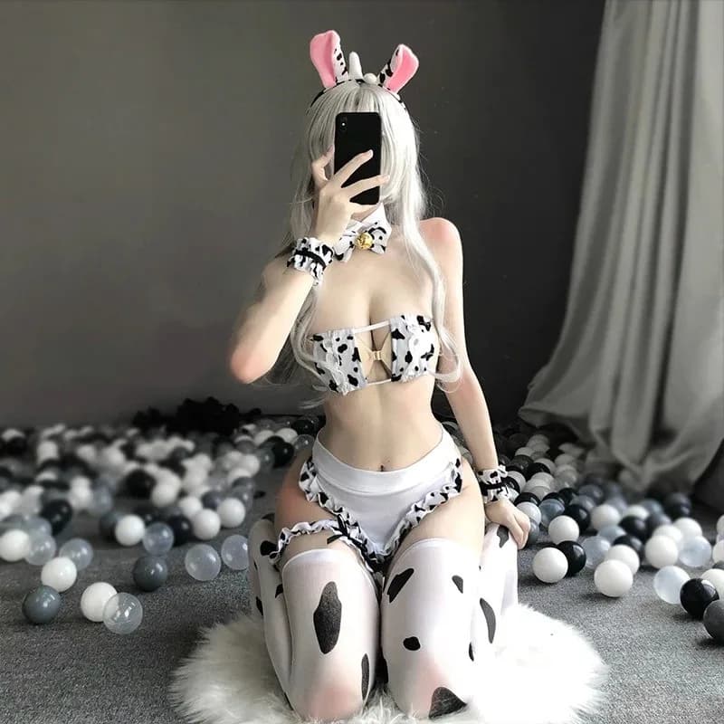 Anime Cos Cow stampato costume cosplay cameriera abiti donna lingerie sexy Lolita reggiseno e slip con grembiule set di calze