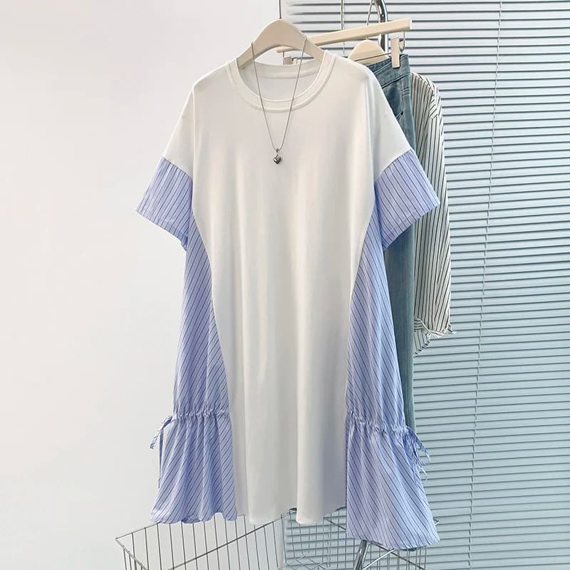 Summer New Stripe Splicing Casual Loose Mid-Length Dress T-Shirt Dress Fashionable Age-Defying All-Match City Commute Cotton ...