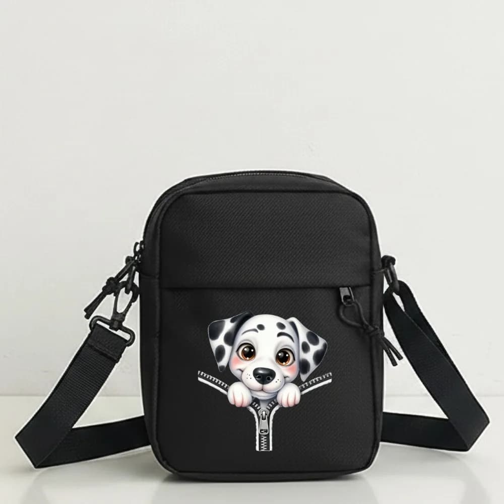 Borsa a tracolla con stampa di dalmatini dei cartoni animati con tracolla regolabile, zaino 2D multitasche per viaggi, scuola, uso quotidiano