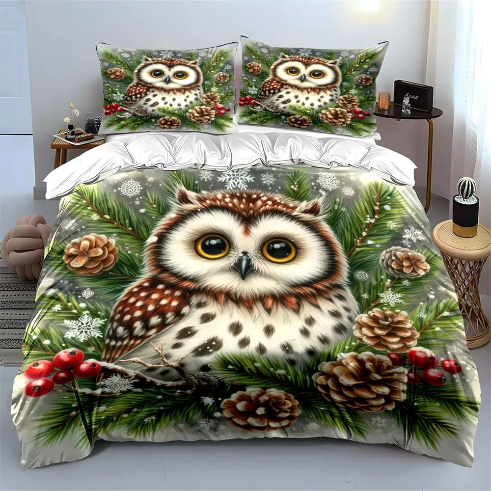 Adorable owl amidst winter pine branches and snowflakes Print Duvet Cover Bedding Set Included 1*Duvet Cover 2*Pillowcases