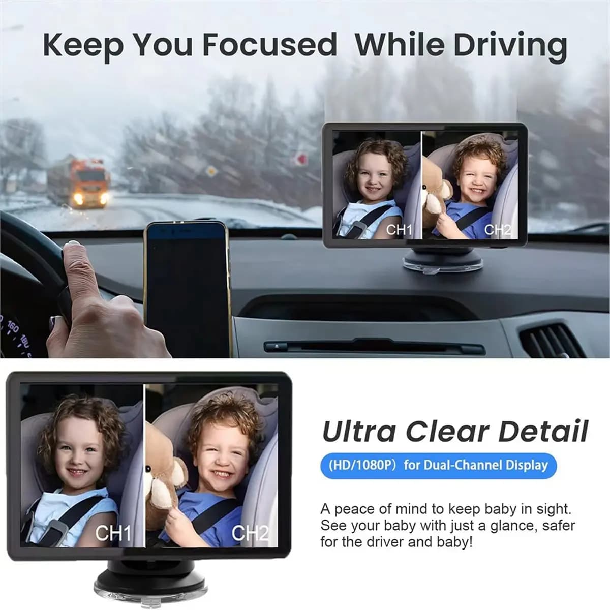 Nuovo Monitor per Auto e Bambini 2026 con Doppia Lente 1080P, Schermo IPS da 5 Pollici, Lenti Regolabili, 2 Opzioni di Montaggio, Visione Sedile Posteriore