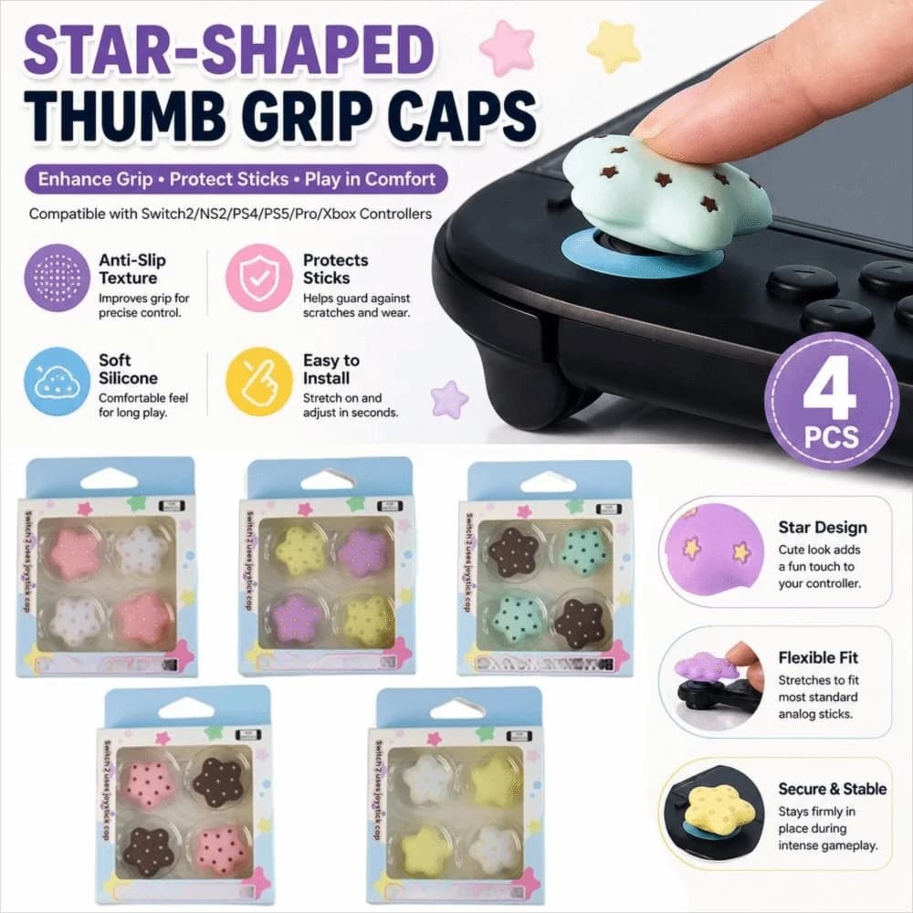 4 Pcs Star Shaped Silicone Thumb Grips Non-Slip Protective Analog Stick Protector Soft Touch for Switch2/NS2/PS4/PS5/Pro/Xbox
