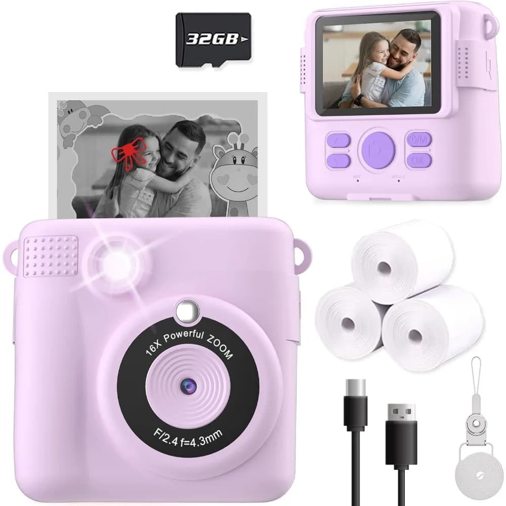 Camera with instant print for children, HD digital cameras, portable toy for boys and girls of 4-10 years with 32 GB-Viola SD card