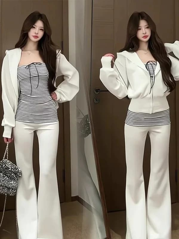 Spring Short Hoodie Striped Tube Top Flared Pants Three Piece Set Korean Style Commute Fashion Design Women's Clothing
