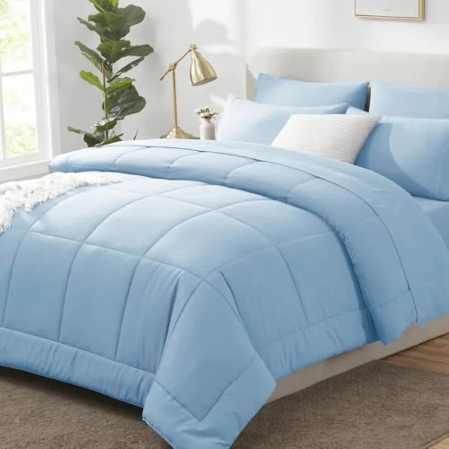 Set Copripiumino 7 Pezzi Blu, Set Biancheria da Letto per Tutte le Stagioni con Copripiumino Trapuntato, Lenzuolo Piatto e Lenzuolo con Angoli