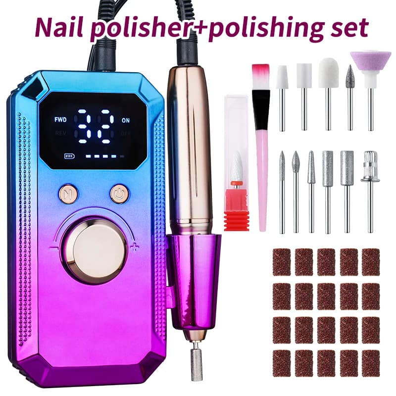 Professional portable nail and polishing filing tool, including 11 filing heads and 20 filing straps, wireless design