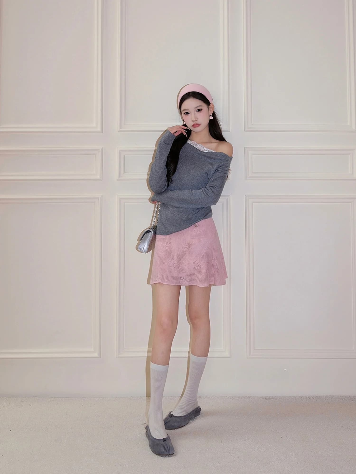 Original Pure Color Simple Fashion round Neck Lace Splicing Knitted Top Women's Premium Wool Long Sleeve Crew Neck Pullover