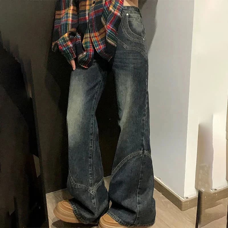 Jeans dritti blu vintage americani 2025 Pantaloni estivi da donna a vita alta larghi a gamba larga Pantaloni svasati con giunture High Street