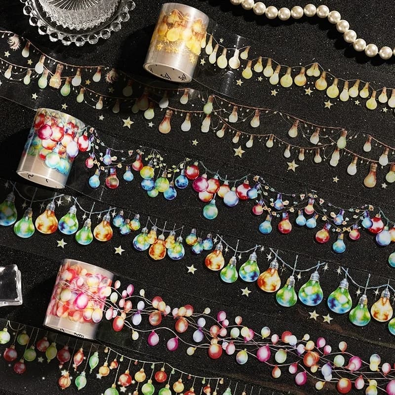6 Rotoli di Nastro Washi Estetico Trasparente in PET, Nastro Decorativo Vintage con Luci a Stringa per Journaling, Scrapbooking, Fai da Te