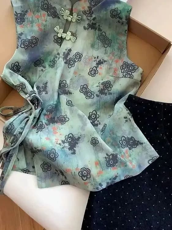 Nuova Camicia Senza Maniche in Stile Cinese con Cintura, Design Estivo da Donna, Stampa con Cintura in Vita, Top Super Elegante con Bottoni e Colletto Rialzato