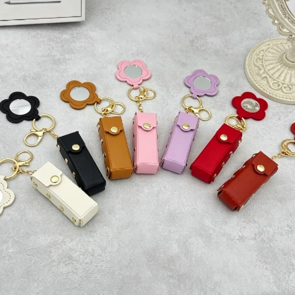 1pce Portable Lipstick Case Bag Charm with Flower Mirror, Mini Lipstick Pouch Keychain for Women, Cute PU Leather Bag Accessory