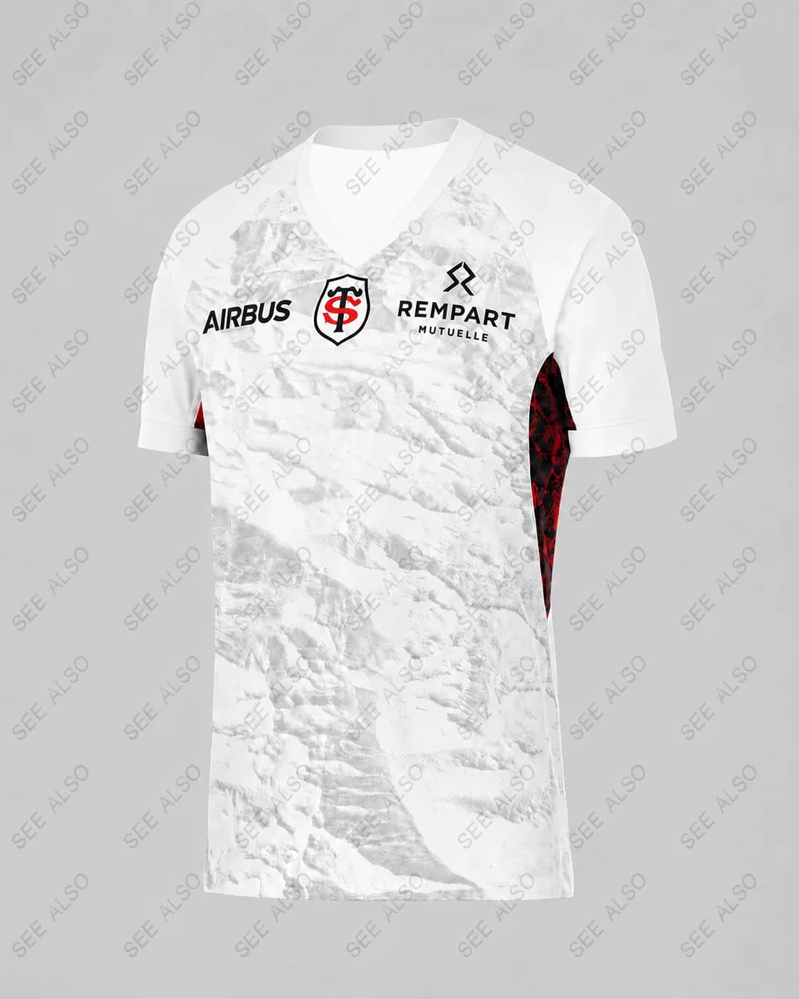2026 Men Women Kids Stade Toulousain Away Rugby Jersey White Red V‑Neck Short Sleeve Sublimated Fan Sport Training Top Fan Gifts