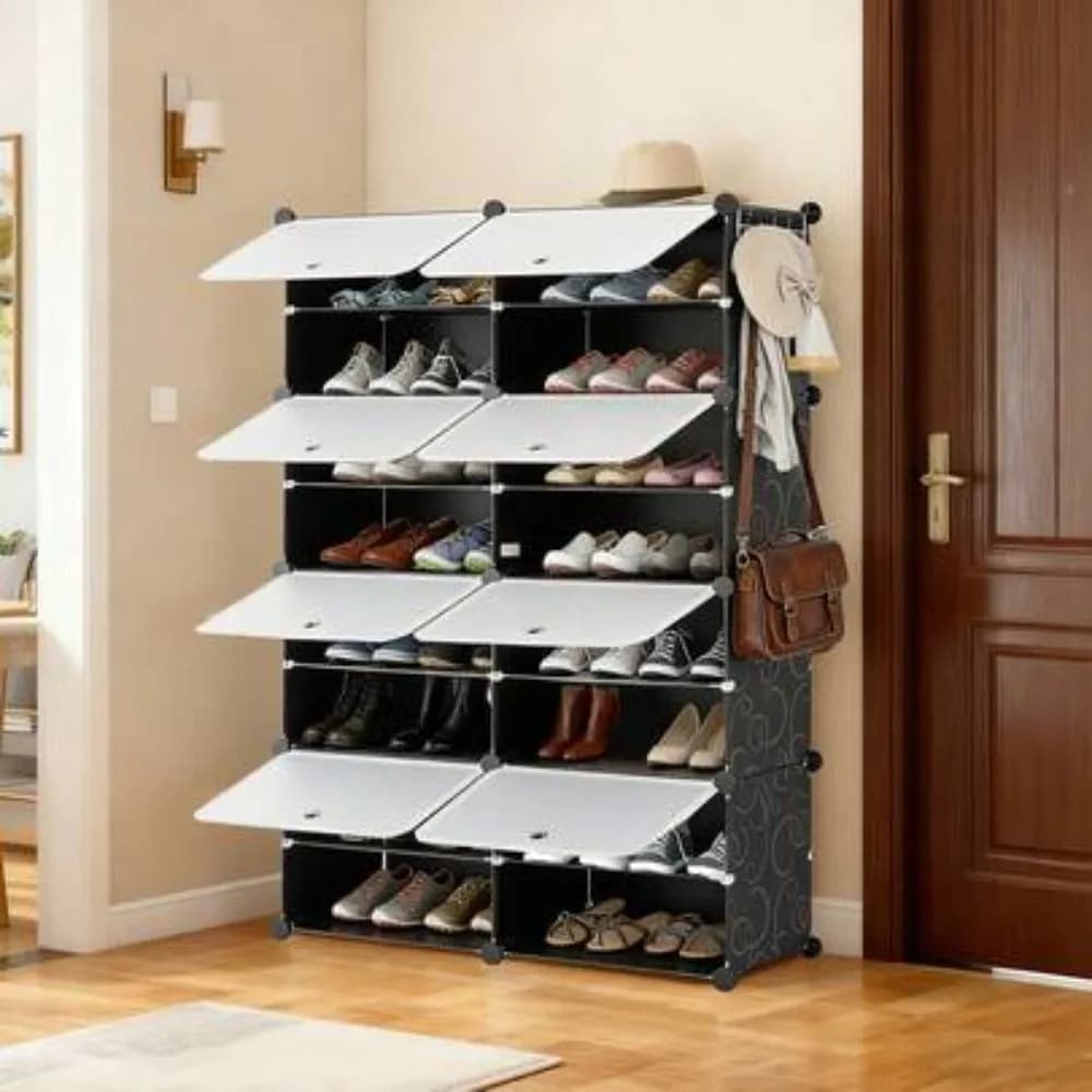 Shoe Storage Cabinet 8 Layer Shoe Rack with Door Stackable Detachable Organizer for Entryway Hallway Closet Freestanding Slim Narrow Tall Bookshelf Shoe Organizer Unit with Shelves for Bedroom Dormitory