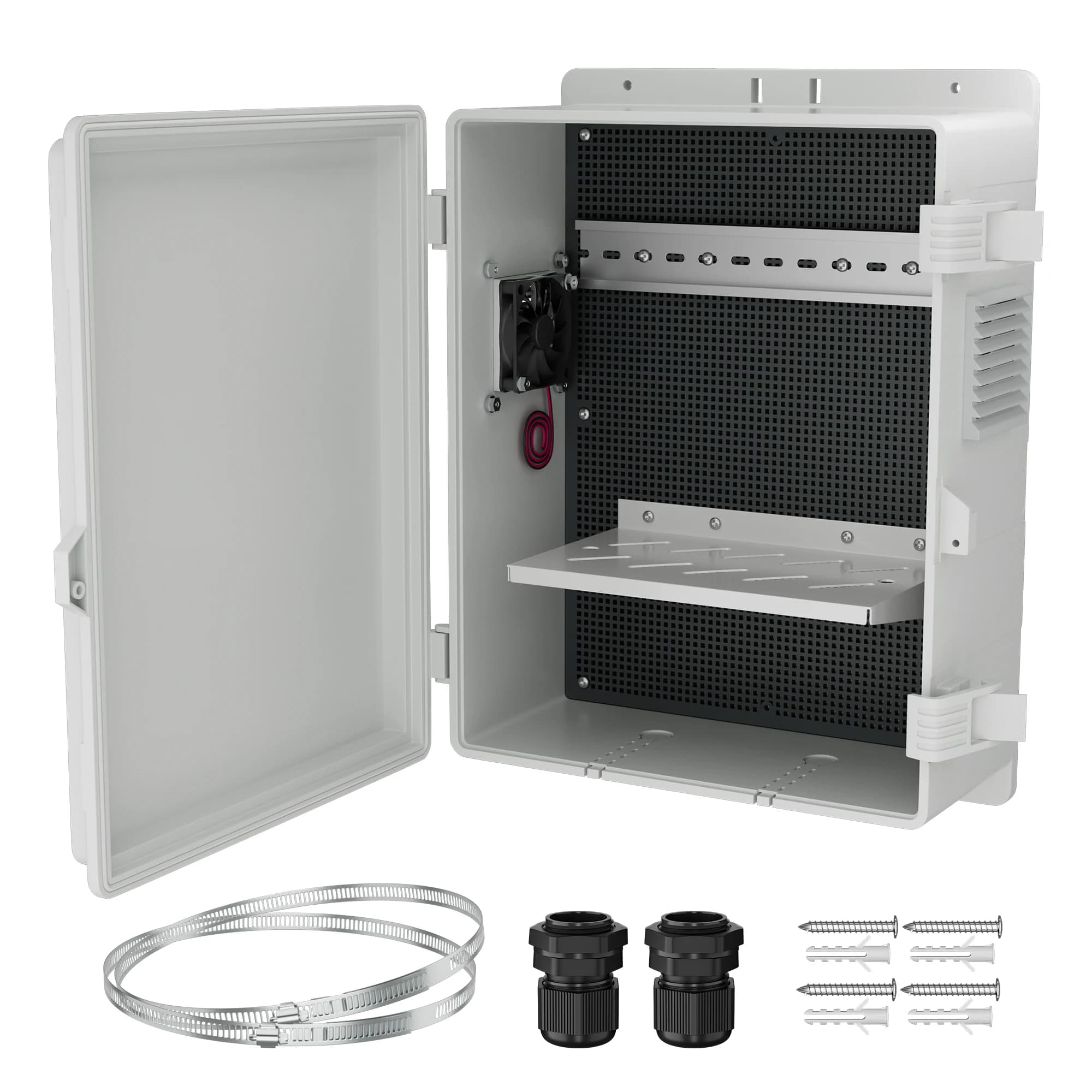 DaierTek White Outdoor Electrical Box Waterproof Nema Enclosure 16x11x6 Plastic Wifi Box with Fan Vented Dust Screen