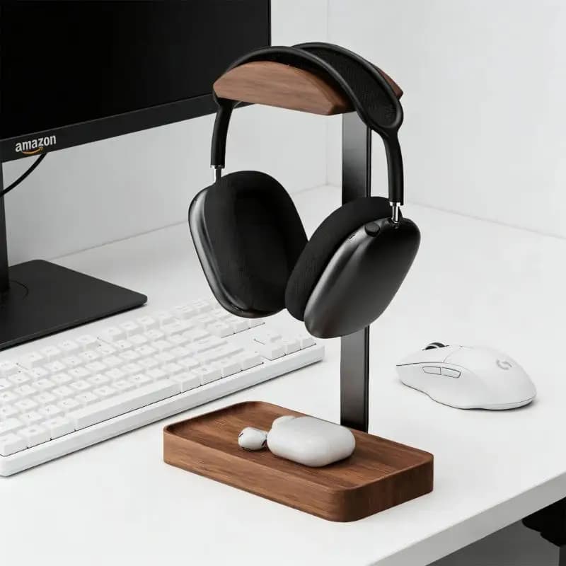 Supporto per cuffie artistico in legno con ripiano per riporre piccoli accessori D2RC