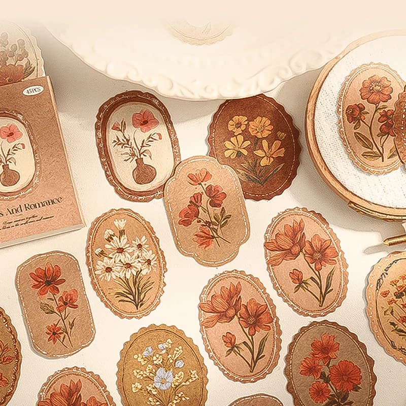 45sheets/bag Creative Practical Serene Florals Sticker Pack Boxed Flower Shape Theme Collection DIY Journal Collage Decor Set