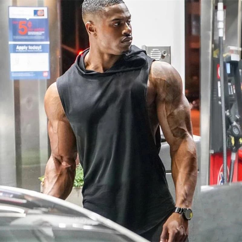 Men's Plain Sleeveless Cotton Hoodie Curved Hem Gym Workout Tank Tops Bodybuilding Muscle Shirt Running Hooded Vests Male
