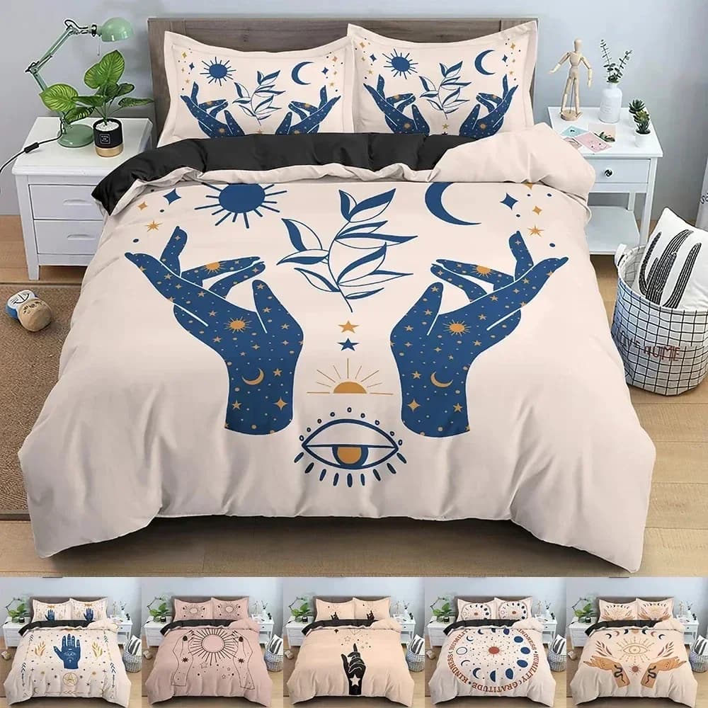 Set Copripiumino con Motivi Geometrici Stile Buddista, Set Biancheria da Letto per Letto Singolo, Matrimoniale e Queen Size con Federe