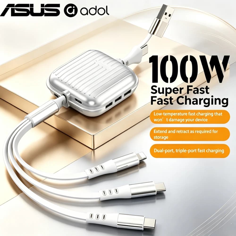 ASUS 100W 3 in 2 Retractable Fast Charging Data Cable USB C Micro USB Universal Cord For iPhone 17 Samsung Xiaomi Android Phone