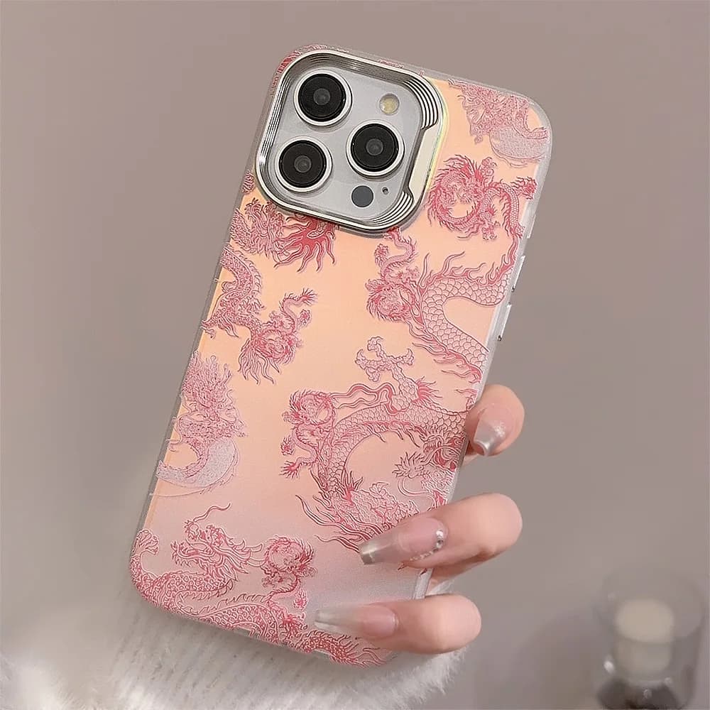 Cartoon laser pink dragon 3D cute shockproof happy new year phone case for iphone 11 12 promax 13 14 15 16 pro max plus cover