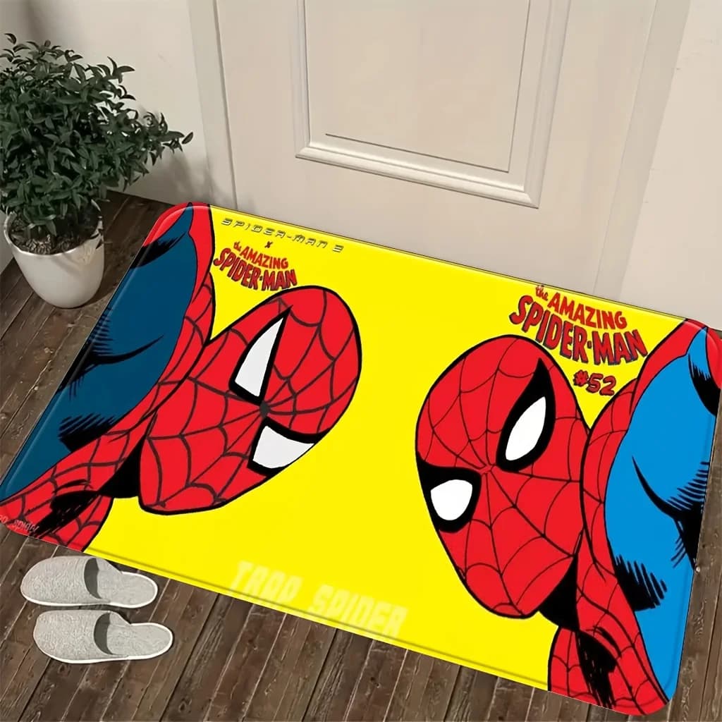 Tappetino Autorizzato con Stampa Cartoon, 1 Pezzo, Motivo Classico Spider-Man Rosso e Blu, Sfondo Giallo, Design in Stile Fumetto, Facile da Pulire