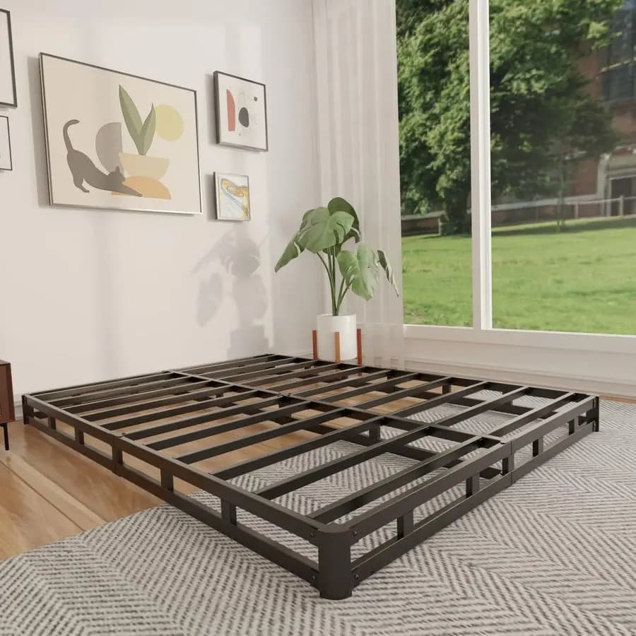 Metal bed base with fabric coating, low profile, 4 inch, for King Size mattress, durable, easy to mount