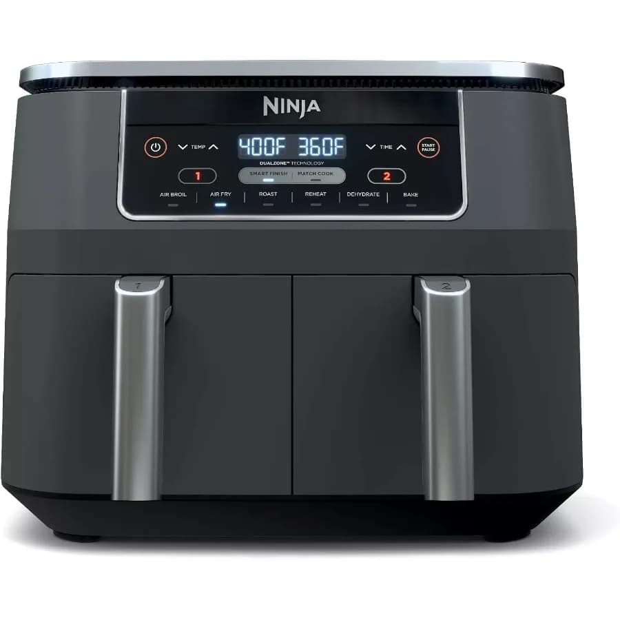 6-in-1 DualZone Air Fryer 8 Liters, Dark Grey Stainless Steel Finish, Ideal for Healthy Kitchen, Efficient Design with Double Basket