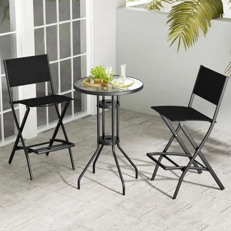 Outdoor Folding Bar Height Stool Set of 4 with Metal Frame and Footrest-Black