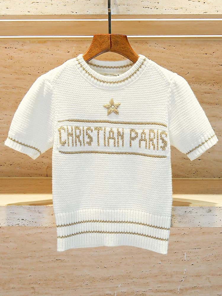 Sweet And Gentle Letter Embroidery Knitted Top Women's T-shirt Commute Style Short Sleeve round Neck Regular Fit Knitwear