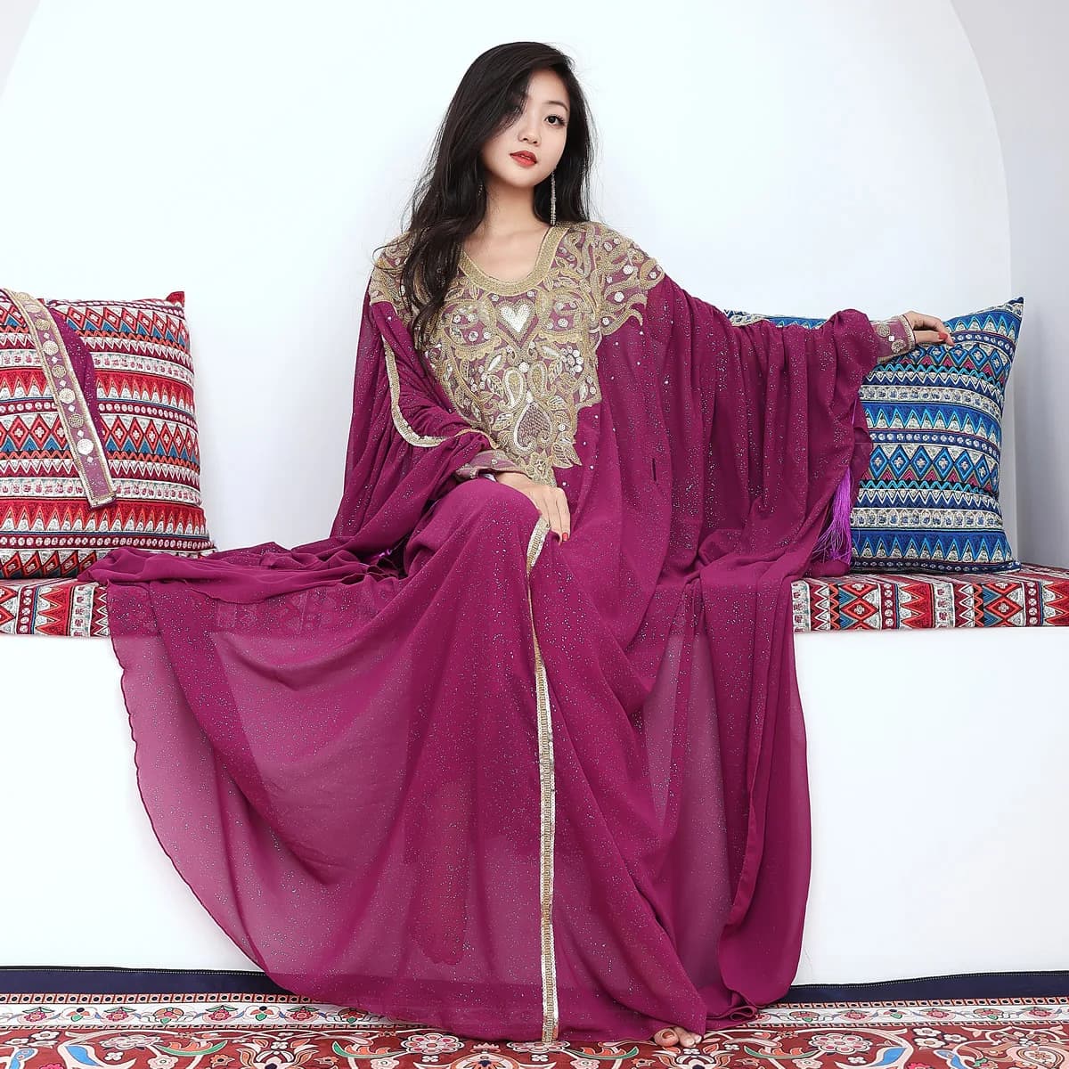 Egyptian Traditional Khaleeji Thobe Dress Folk Dance Robe Belly Dance Kaftan Rhinestone Competition Khaleegy Costume with Belt