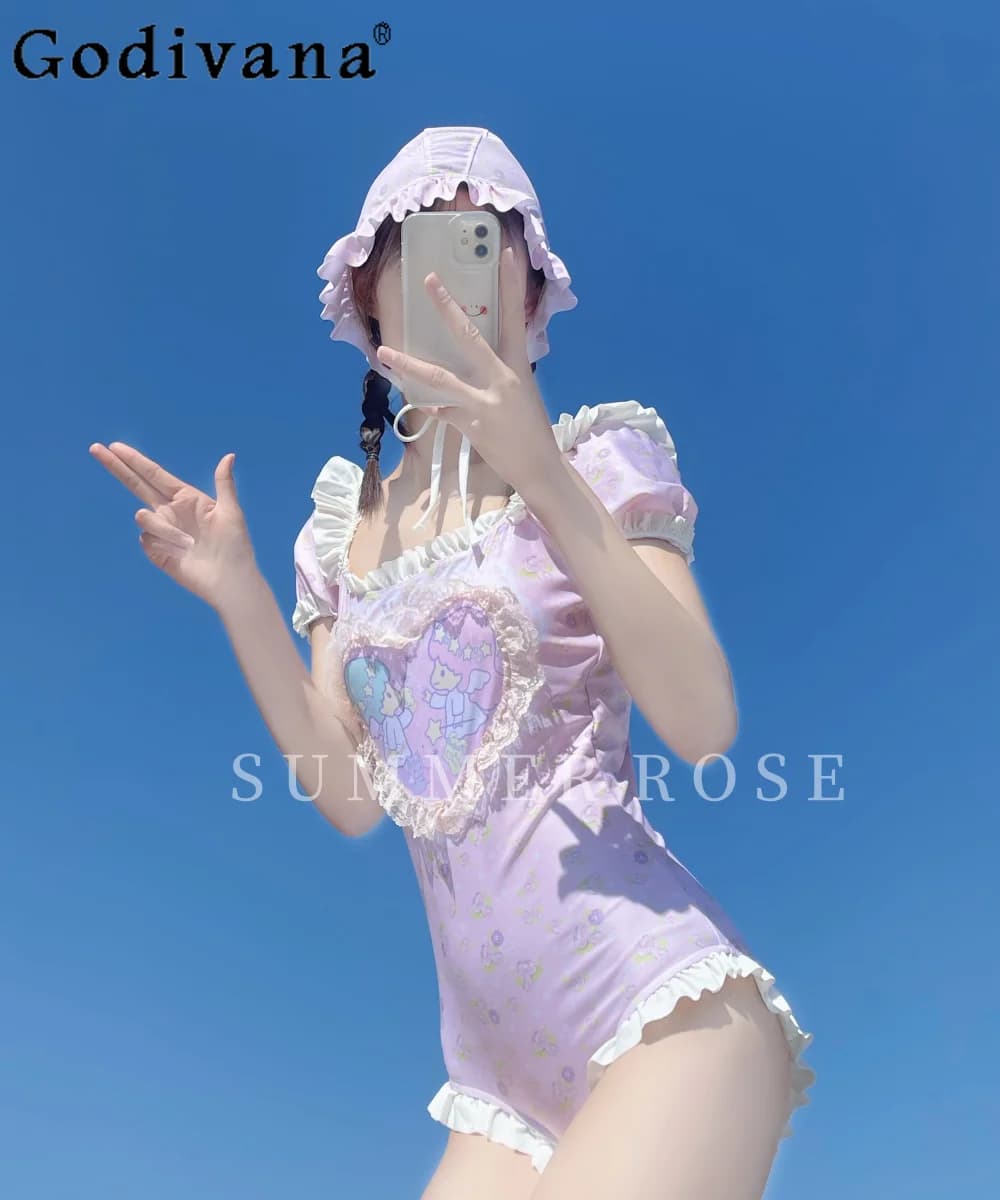 Girly Sweet Harajuku Ruffles Print Kawaii Student costume da bagno intero donna costumi da bagno set due pezzi Summer Y2k cuffia da bagno 2024