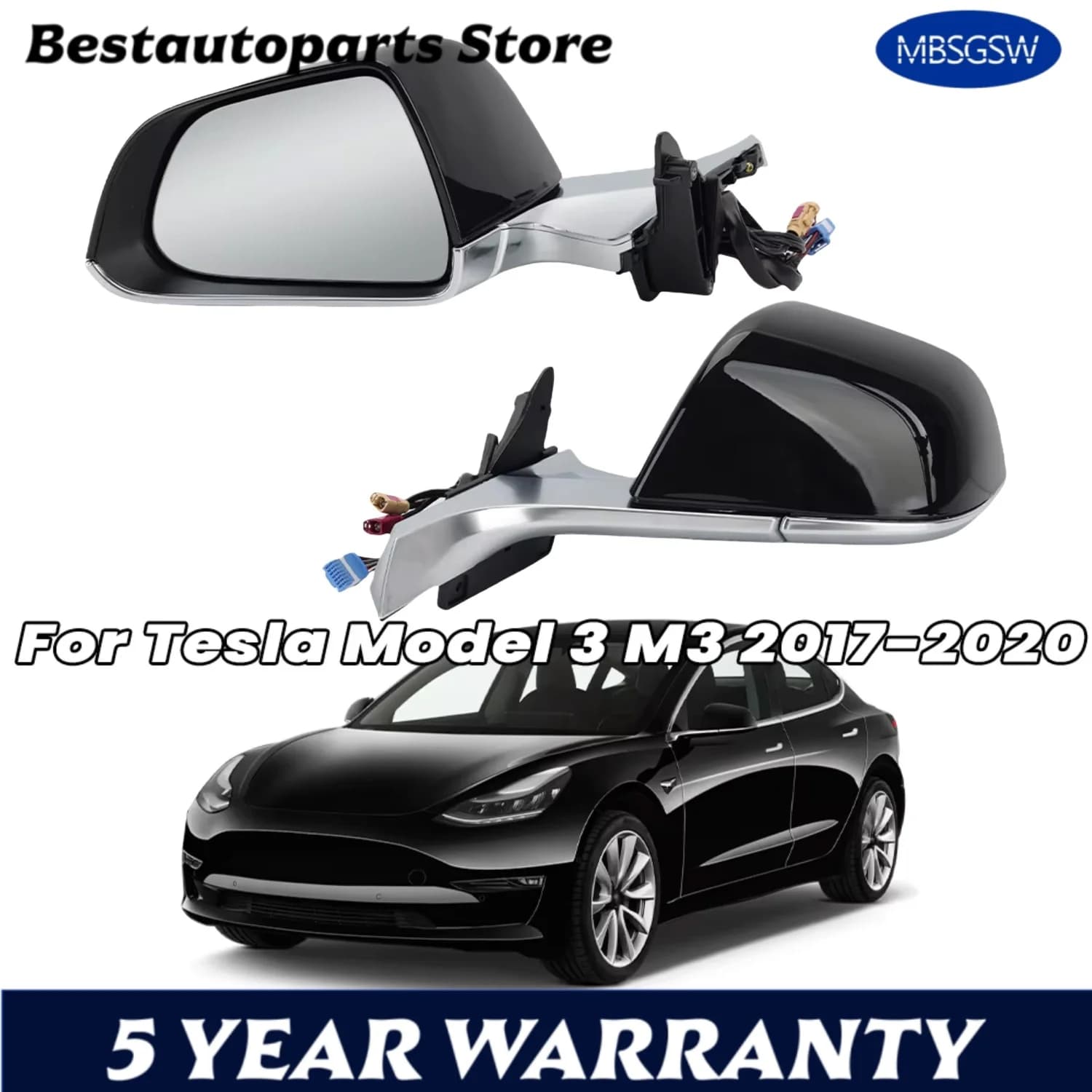 Specchietto Retrovisore a 13 Pin per Tesla Model 3 M3 2017 2018-2020 Nero con Antenna WIFI Senza Funzione Antiabbagliamento Accessori Auto