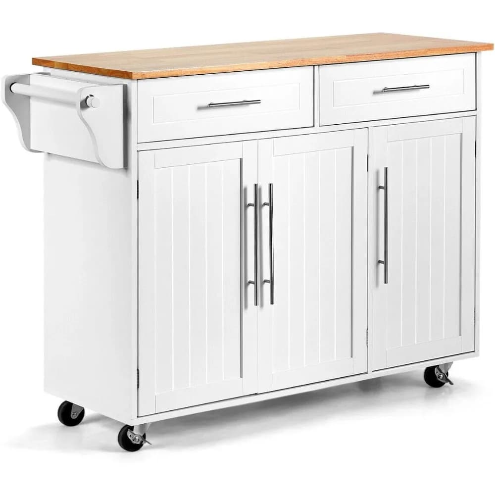 Carrello per isola cucina con ruote girevoli, 2 cassetti, 2 armadi, portacoltelli, portasciugamani e piano in legno di gomma per argenteria