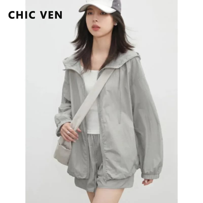 CHIC VEN Giacca Donna Casual Larga con Protezione Solare UPF50+ Cappuccio Maniche Lunghe Leggera Elastico in Vita Pantaloncini Estivi 2026