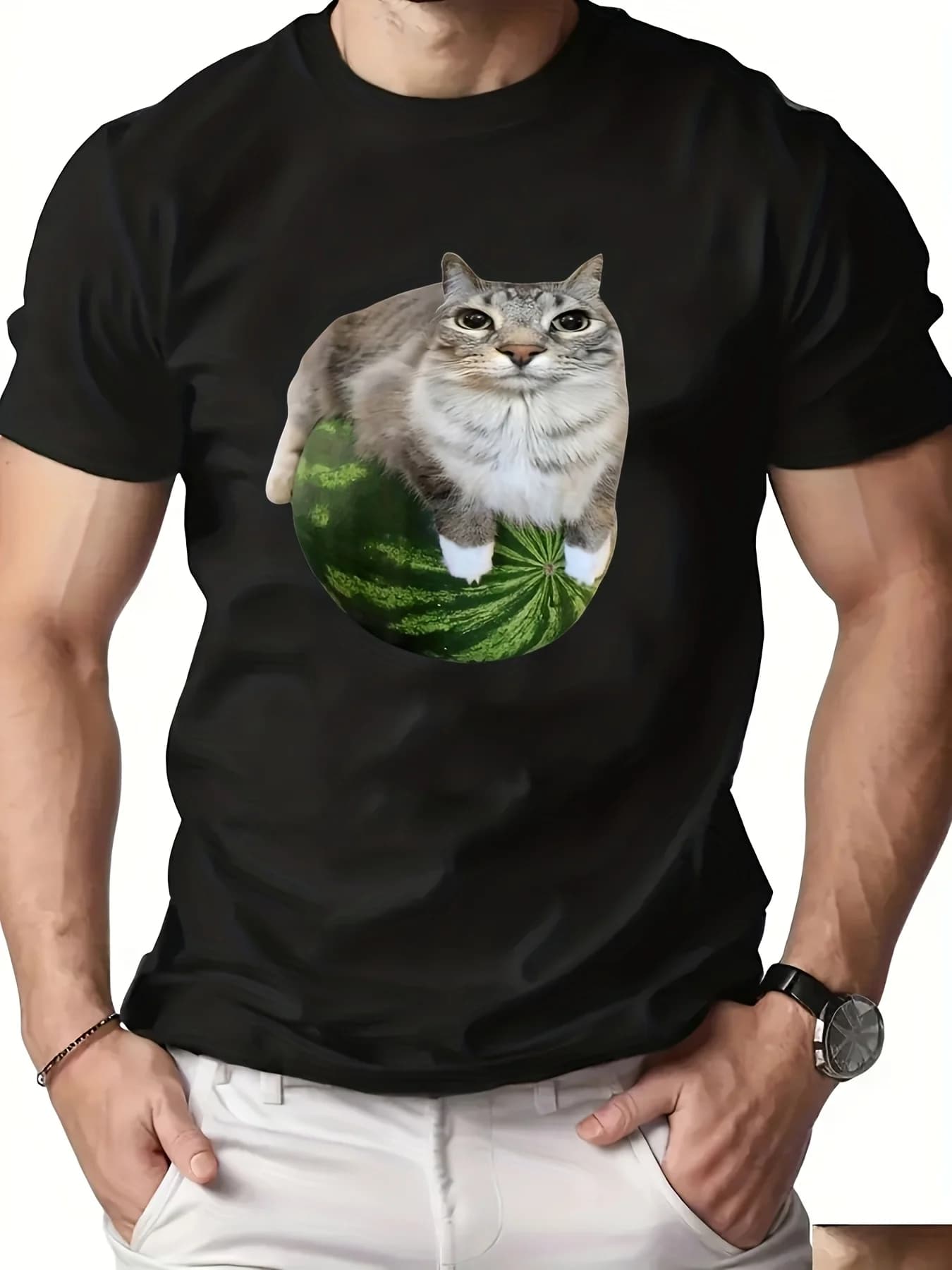 Black short sleeve casual summer t-shirt with fun cat design and watermelon