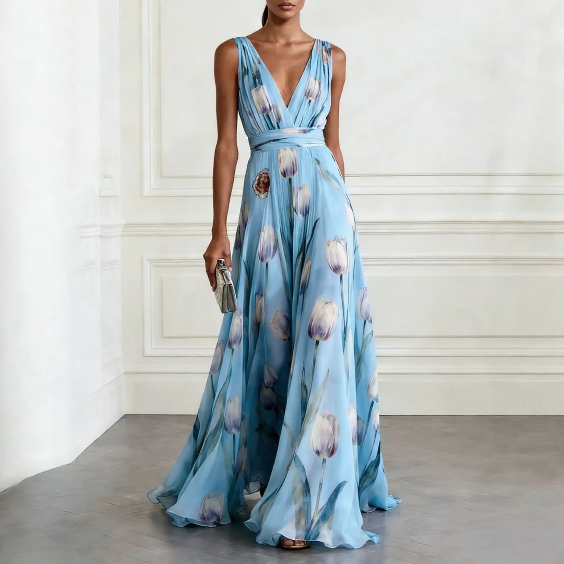 Nuovo Abito Estivo Elegante a Vita Alta con Pieghe, Vestito da Sera con Stampa Floreale e Scollo a V, Sexy Abito da Festa Senza Maniche in Chiffon per Donne
