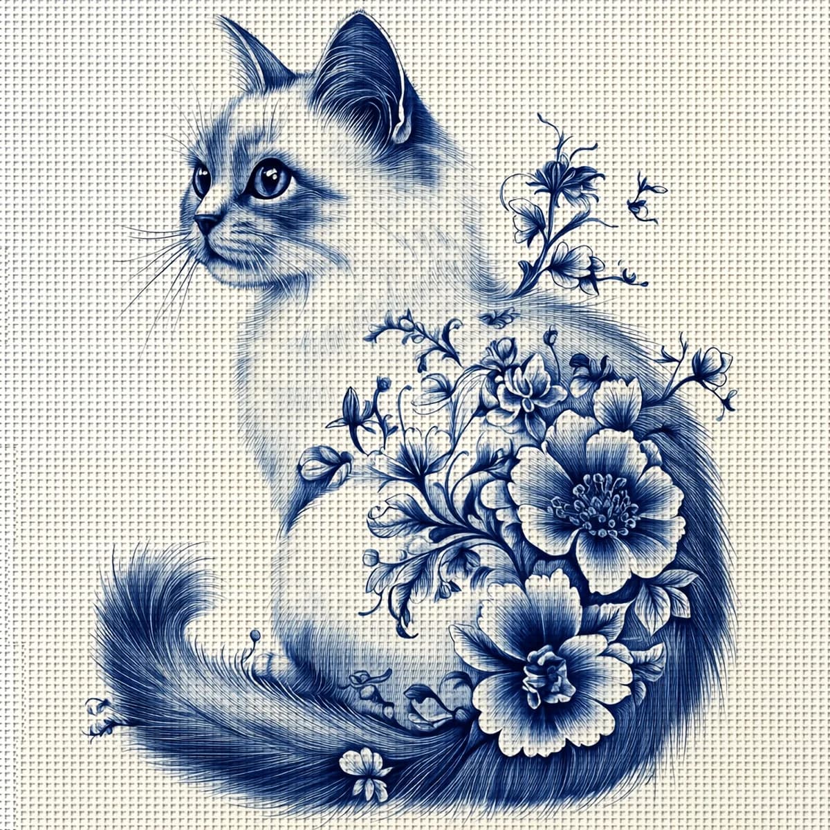 1PC 36X36cm/14.17X14.17inch, 11CT Print Cross Stitch DIY Kit, Cerulean Feline, Adult Beginner's Relaxed Cross Stitch