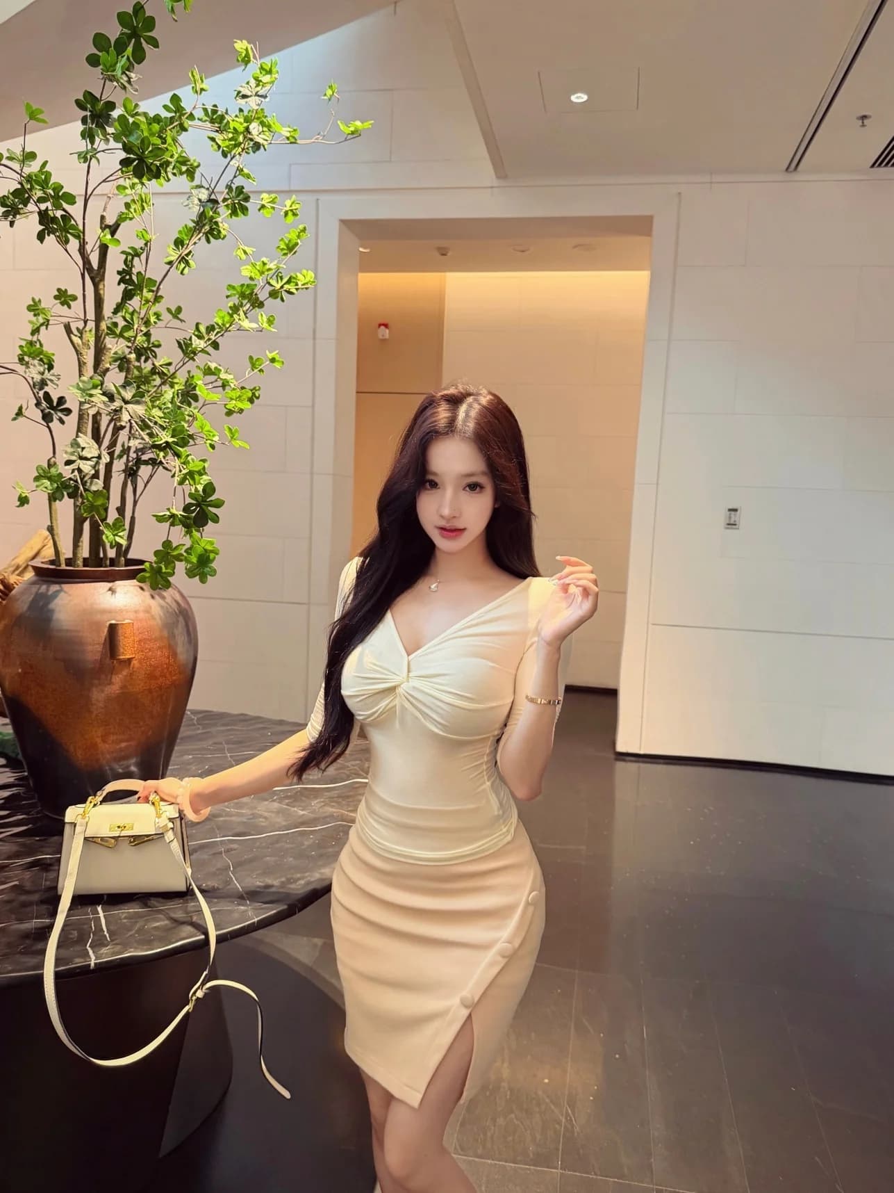 White Knot V-Neck Short Sleeve T-Shirt Women Summer Pure Desire Style Set High Waist Split Skirt Two-Piece Suit