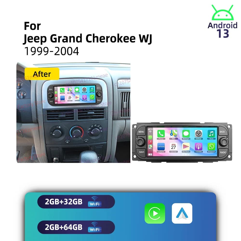 1 Din Radio Android 13 Car Multimedia for Jeep Grand Cherokee WJ 1999-2004 6.86" Wireless Carplay Autoradio GPS Head Unit Stereo