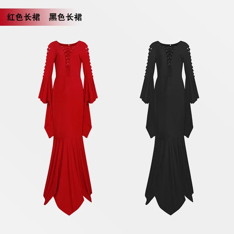 Abito gotico da strega, vampiro, Halloween, da donna, con lacci, cinturino incrociato, scava fuori, manica a pipistrello, abito asimmetrico, abbigliamento da prestazione