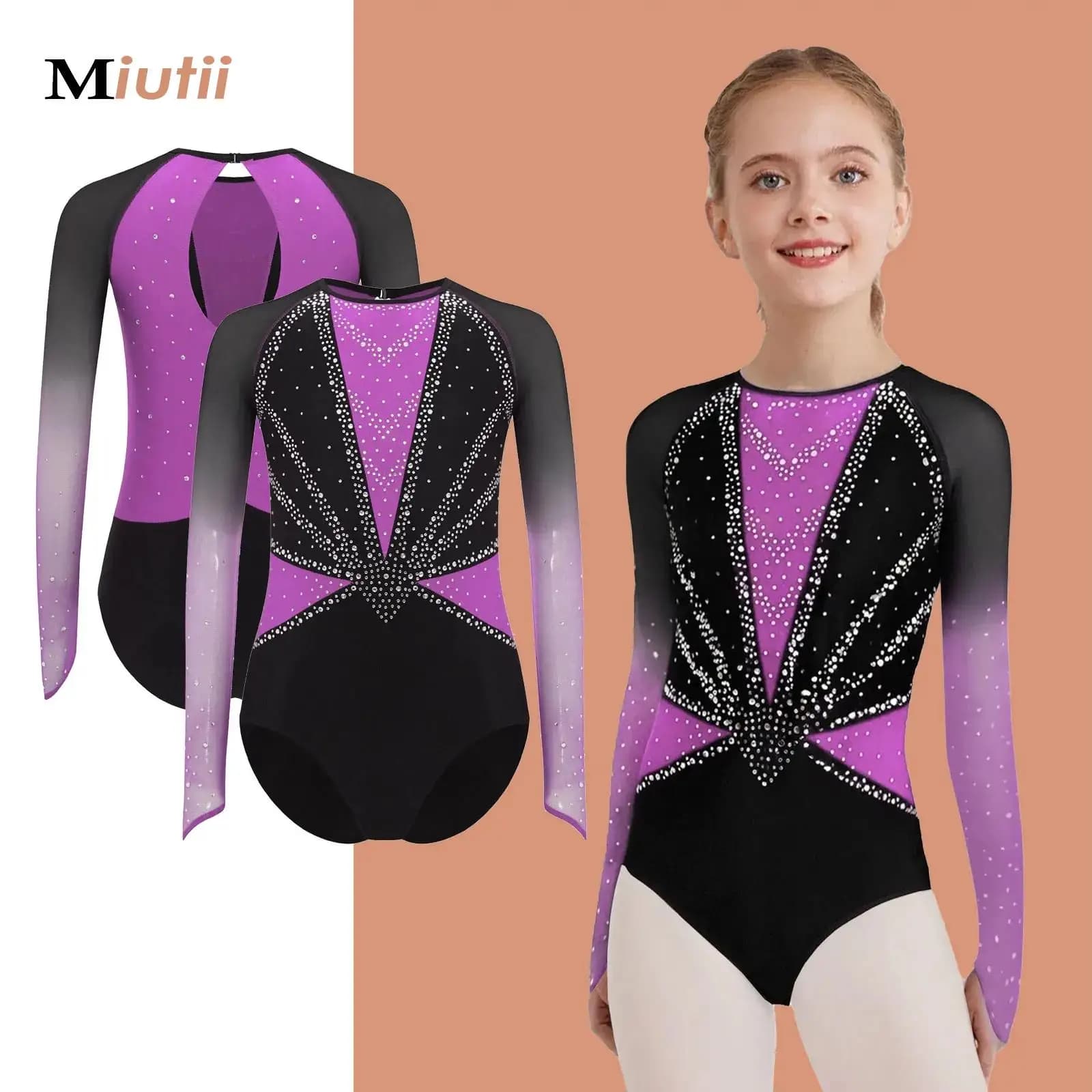 Costume da bambina per bambina in rete a maniche lunghe con strass, body per pattinaggio di figura, body per danza classica, ginnastica ritmica