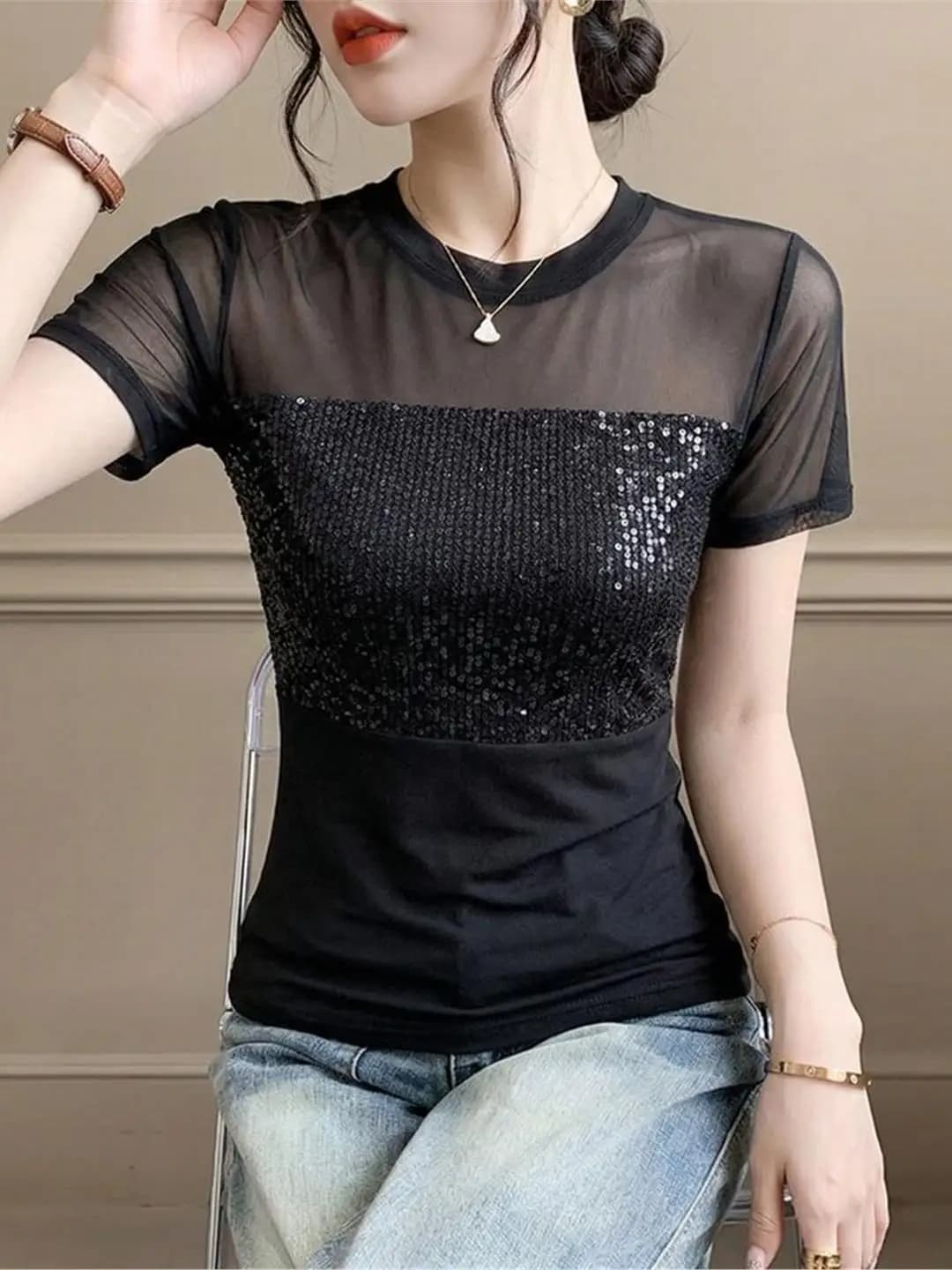Sexy Mesh Short Sleeve T-Shirt Women's Summer New Design Sparkling Top Fashionable Slimming Small Shirt round Neck Regular Fit