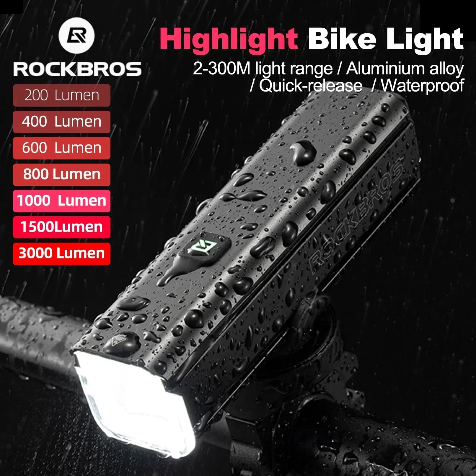 ROCKBROS 200-3000LM Luci per bici Tipo-C Ricarica Lampada frontale a LED Impermeabile MTB Torcia da strada Luce Accessori per bici da esterno