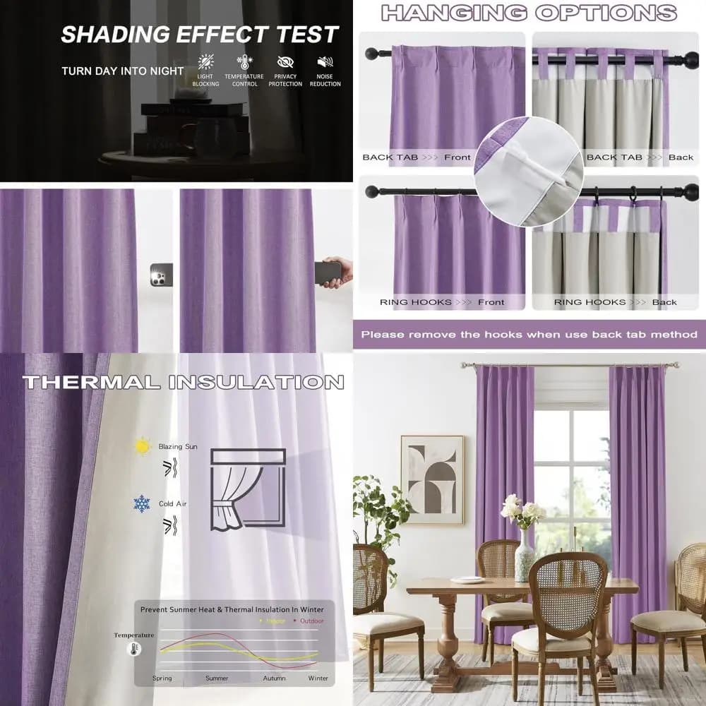 Tende oscuranti viola con pieghe a pizzico, set da 2 pannelli con ganci a linguetta, termoisolanti per ambienti, 40W x 96L