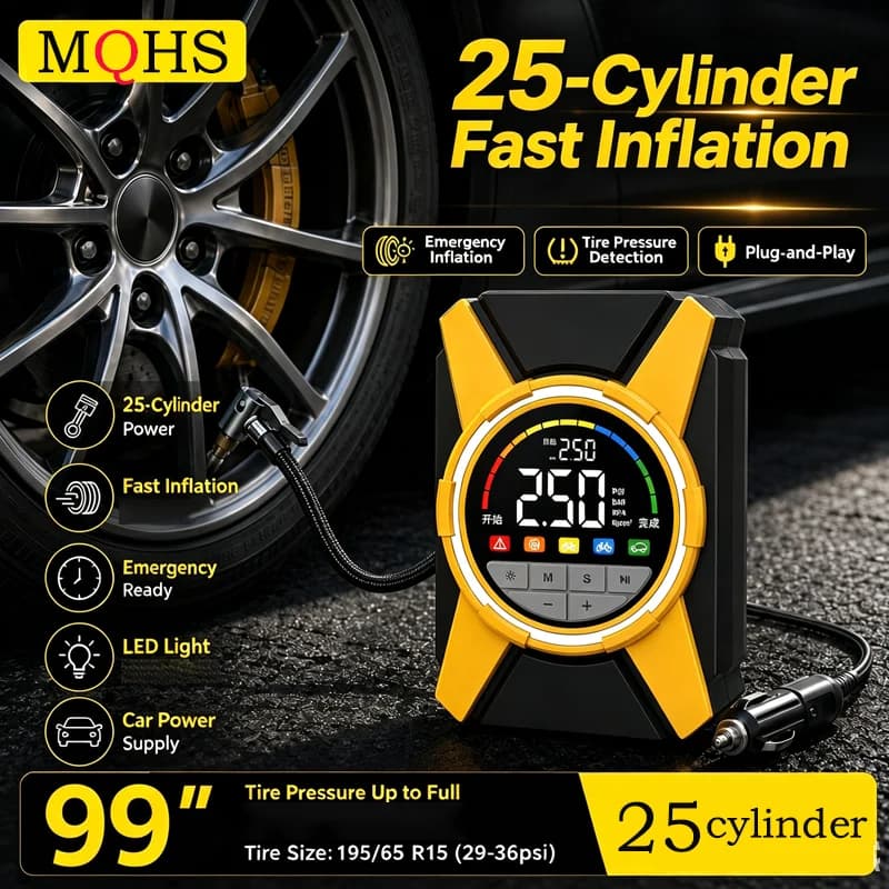 25 Cylinder Tire Inflator Portable Air Compressor 150 PSI Cordless Mini Bike Tire Pump Air Pump for Car Pressure Gauge LED Light
