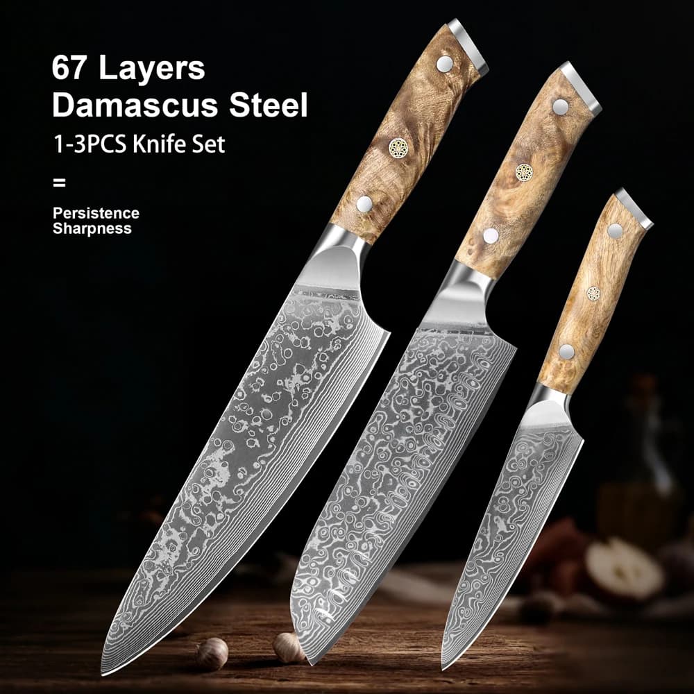 Coltello da cucina Santoku 1-3 pezzi, coltello multiuso in acciaio Damasco a 67 strati, manico in legno naturale, coltello da cucina giapponese fatto a mano.