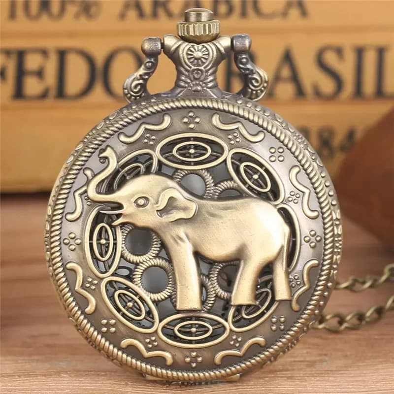 Bronze Lovely Elephant Design Half Hunter Quartz Analog Pocket Watch for Men Women Sweater Necklace Chain Arabic Number Clock